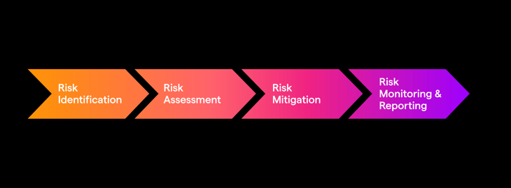 The steps of the risk management process are: identification, assessment, migitation and monitoring and reporting.